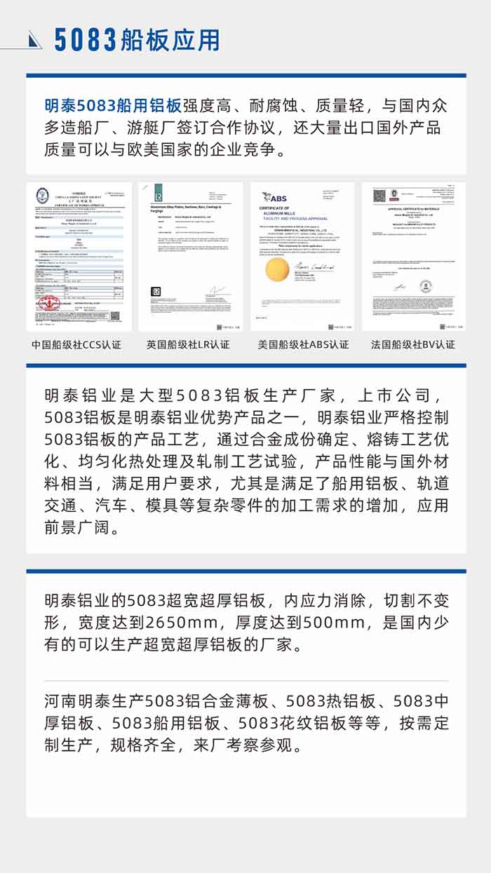 明泰5083船用鋁板強度高、耐腐蝕、質量輕，與國內眾多造船廠、游艇廠簽訂合作協議，還大量出口國外產品質量可以與歐美國家的企業競爭。
　　明泰鋁業是大型5083鋁板生產廠家，上市公司，5083鋁板是明泰鋁業優勢產品之一，明泰鋁業嚴格控制5083鋁板的產品工藝，通過合金成份確定、熔鑄工藝優化、均勻化熱處理及軋制工藝試驗，產品性能與國外材料相當，滿足用戶要求，尤其是滿足了船用鋁板、軌道交通、汽車、模具等復雜零件的加工需求的增加，應用前景廣闊。明泰鋁業的5083超寬超厚鋁板，內應力消除，切割不變形，寬度達到2650mm，厚度達到500mm，是國內少有的可以生產超寬超厚鋁板的廠家。河南明泰生產5083鋁合金薄板、5083熱鋁板、5083中厚鋁板、5083船用鋁板、5083花紋鋁板等等，按需定制生產，規格齊全，來廠考察參觀。