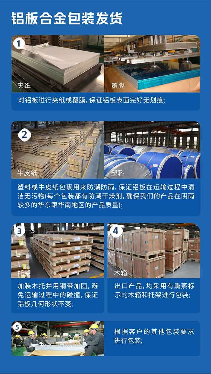 鋁板合金包裝發(fā)貨
　　1、對鋁板進(jìn)行夾紙或覆膜，保證鋁板表面完好無劃痕；

　　2、塑料或牛皮紙包裹用來防潮防雨，保證鋁板在運(yùn)輸過程中清潔無污物(每個包裝都有防潮干燥劑，確保我們的產(chǎn)品在陰雨較多的華東跟華南地區(qū)的產(chǎn)品質(zhì)量)；

　　3、加裝木托并用鋼帶加固，避免運(yùn)輸過程中的碰撞，保證鋁板幾何形狀不變；

　　4、出口產(chǎn)品，均采用有熏蒸標(biāo)示的木箱和托架進(jìn)行包裝；

　　5、根據(jù)客戶的其他包裝要求進(jìn)行包裝。
