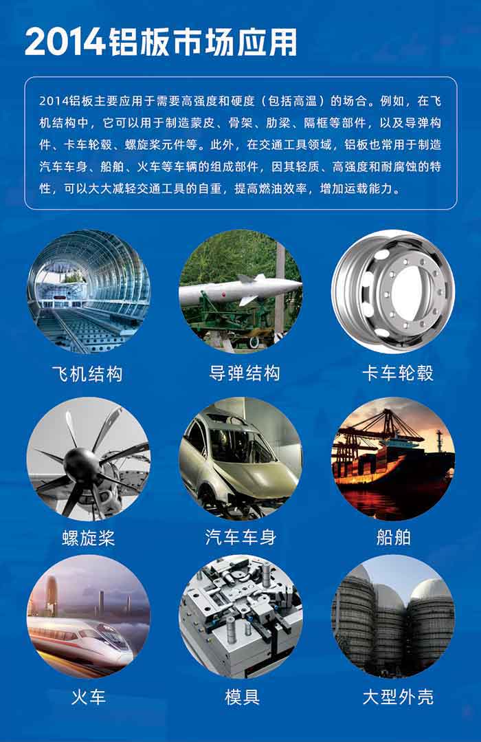 2014鋁板用途:
2014鋁板主要應用于需要高強度和硬度（包括高溫）的場合。例如，在飛機結構中，它可以用于制造蒙皮、骨架、肋梁、隔框等部件，以及導彈構件、卡車輪轂、螺旋槳元件等。此外，在交通工具領域，鋁板也常用于制造汽車車身、船舶、火車等車輛的組成部件，因其輕質、高強度和耐腐蝕的特性，可以大大減輕交通工具的自重，提高燃油效率，增加運載能力。
